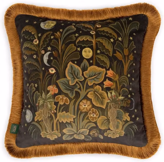 House of Hackney Moon Garden Velvet Fringed Cushion in Blue and Black, W/D/H: 45 x 45 x 45 cm