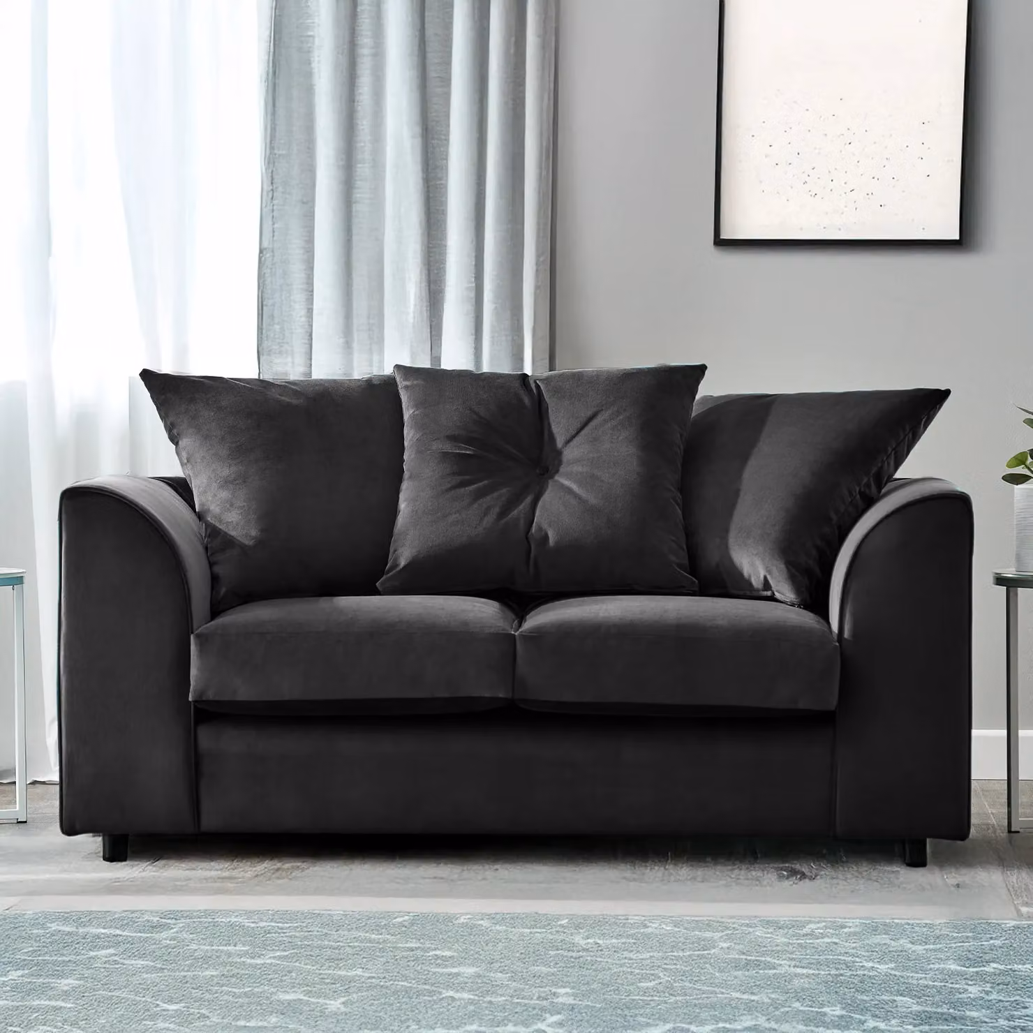 Furnishings For Less UK Fernando 2 Seater Sofa in Black Soft Plush Velvet Fabric with Scatter Back – 2