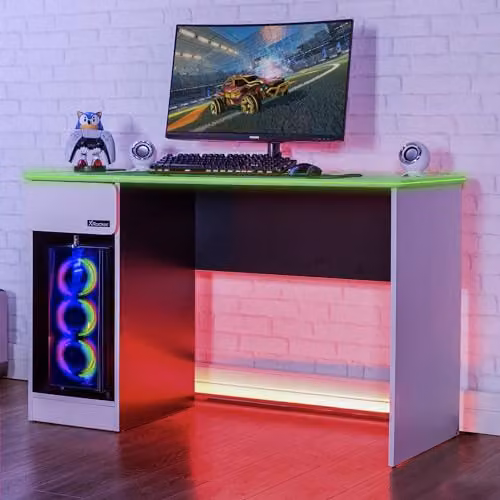 X Rocker Carbon-Tek LED Gaming Desk in White and Multicolour