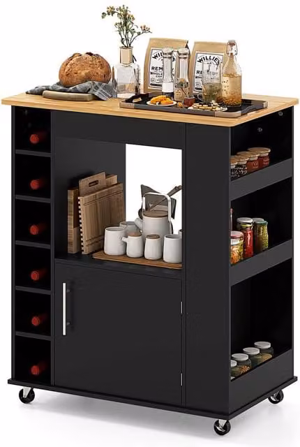 Gymax Black Kitchen Island Food Storage Cabinet Trolley Cart with 6 Wine Racks – 1