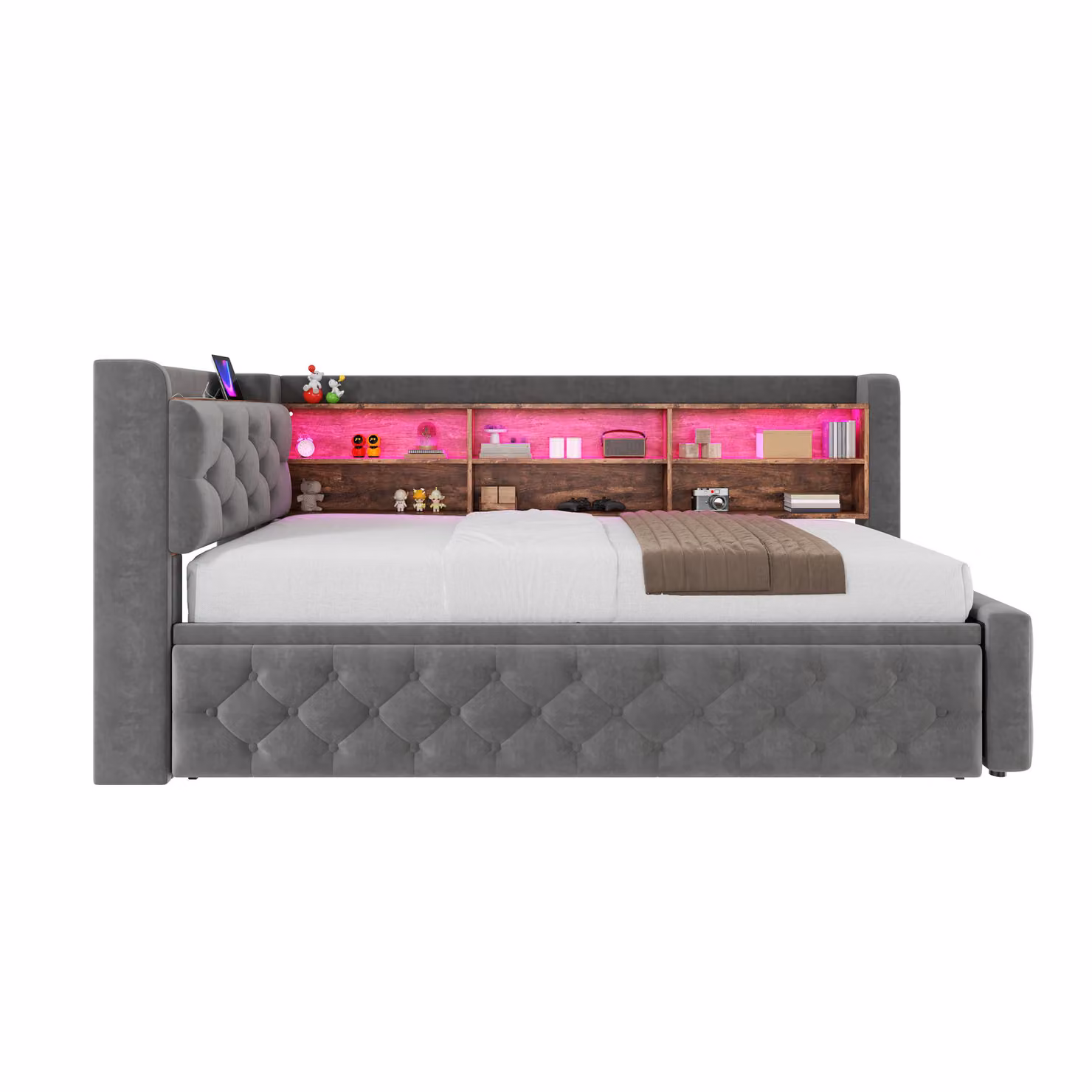 Aosom UK Dark Grey Velvet Pull-Out Sofa Bed Frame with Wooden Headboard Shelf, LED Lighting and USB Charging, W/D/H: 211 x 91 x 84 cm – 2