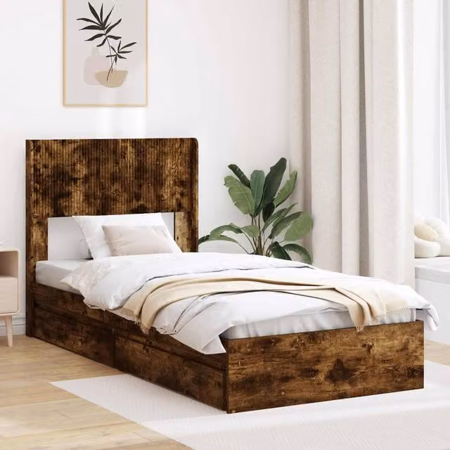 Berkfield Home Bed Frame with Storage and Headboard in Smoked Oak Brown, W: 75 cm, L: 190 cm