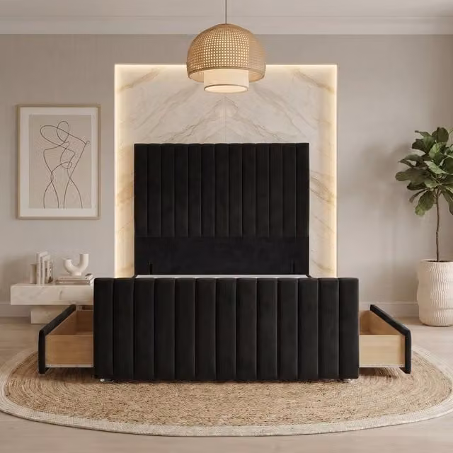 Somnior Eleanor Velvet Divan Base with 4 Drawers, 54 inch Headboard and 22 inch Footboard, Black, Double, W/D/H: 140 x 200 cm