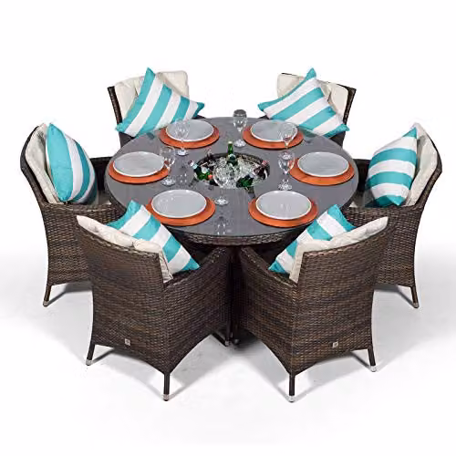 Thats Furniture Savannah 6 Seater Round Rattan Garden Dining Set with Ice Bucket Drinks Cooler in Brown and Grey – 3