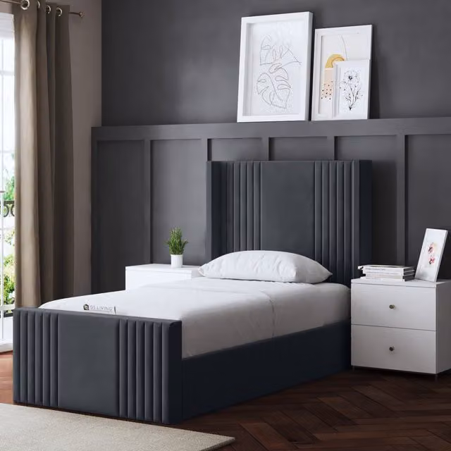 DS Living Elara Winged Ottoman Panel Bed with Headboard in Grey Velvet, W/D/H: 120 x 200 cm