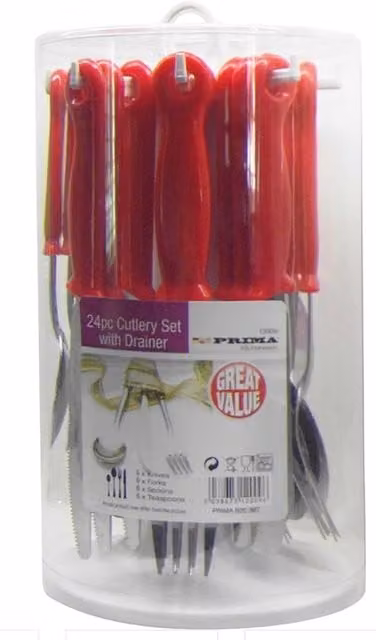 Prima 24-Piece Stainless Steel Cutlery Set with Round Stand in Black and Red Coated Finish