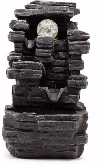 KDMD Tabletop Water Feature with Slab Rock Formation, Crystal Ball and LED Light, Grey, Height: 35 cm