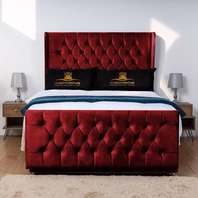 UK Bed Furniture Balamore Maroon Velvet Wingback Divan Bed Base with 54 Inch Headboard, Double, W/D/H: 140 x 200 cm