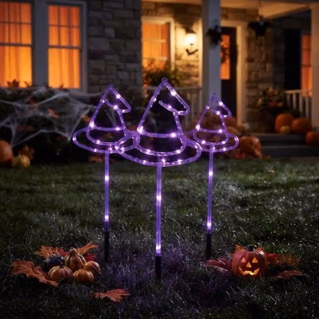 Garden Greatness 3 Pack LED Light Up Witch Hat Halloween Garden Stakes in Purple and Multicolour