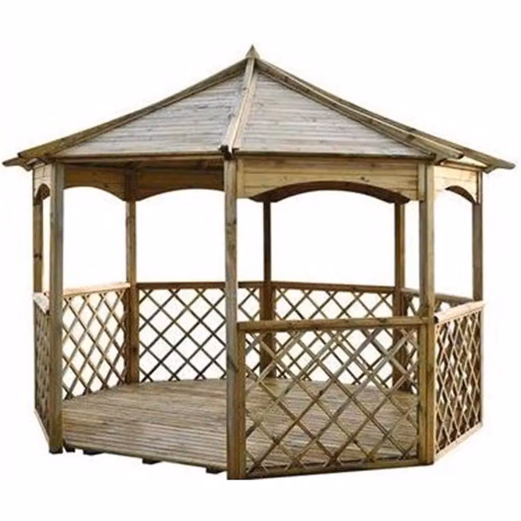 Cheshire Pressure Treated Octagonal Wood Gazebo with Open Trellis Sides and Floor in Light Oak – 4