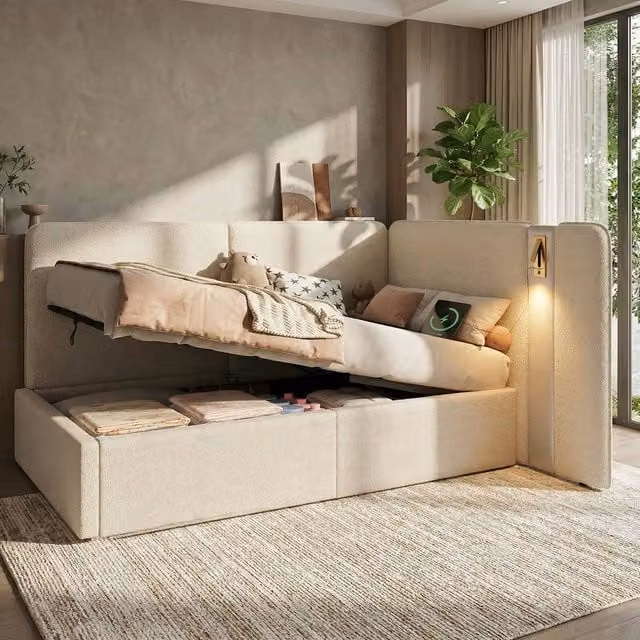 Merax Single Boucle Daybed Sofa Bed with Storage, USB Charging Port and Integrated Reading Light, Beige, W/D/H: 90 x 190 x 136 cm – 1