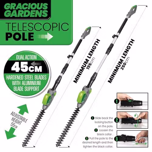 Gracious Gardens 550W Electric Long Reach Reciprocating Hedge Trimmer with 45cm Blade in Grey and Green – 3