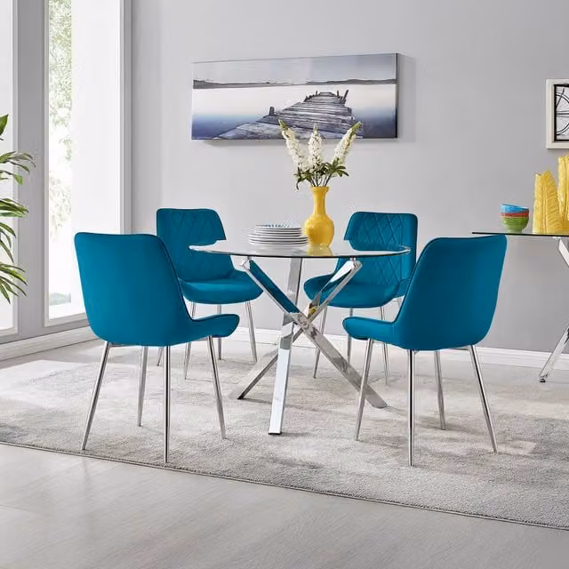 FurnitureboxUK Selina Round Glass Dining Table with Four Blue Mid-Century Chairs