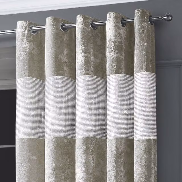 Intimates Diamante Velvet Eyelet Curtains in Beige and Silver, Width: 168 cm, Drop: 183 cm
