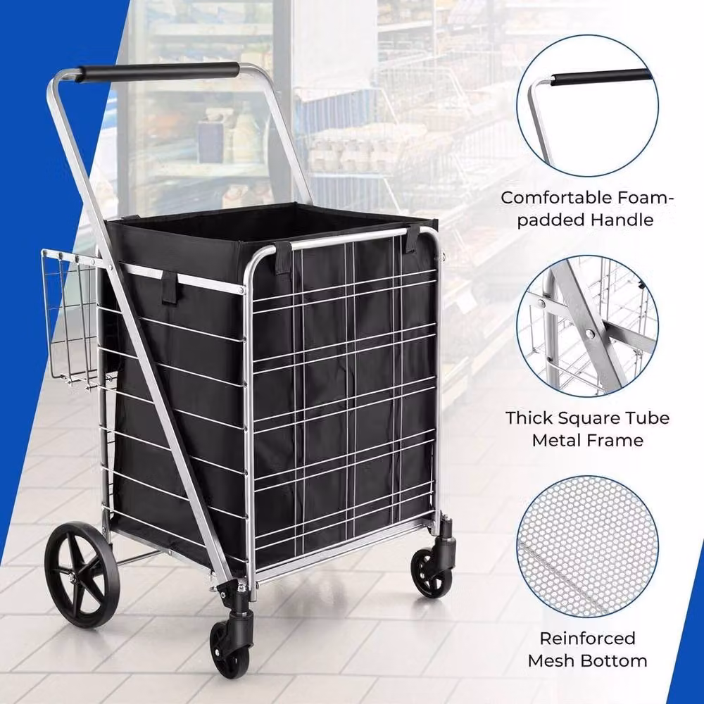 PAWNORA Portable Utility Grocery Shopping Cart with 126L Capacity and 150kg Load Limit, Black – 4