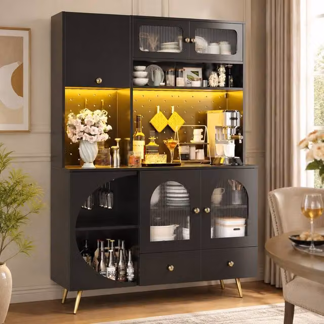 STILVORA Modern Black Tall Kitchen Cabinet with Integrated LED Lighting, USB Ports and Bottle Rack