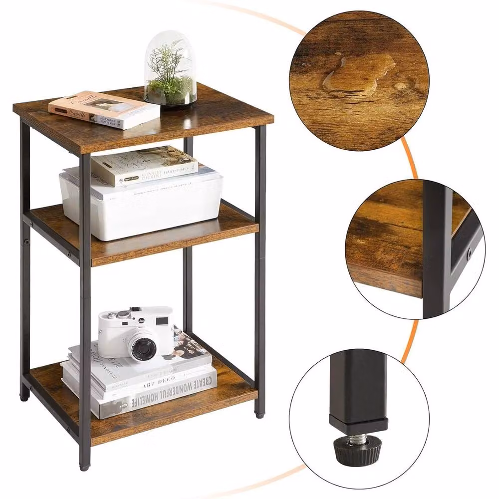 VOGREX Brown 3-Tier Industrial End Table with Steel Frame and Wood Finish – 4