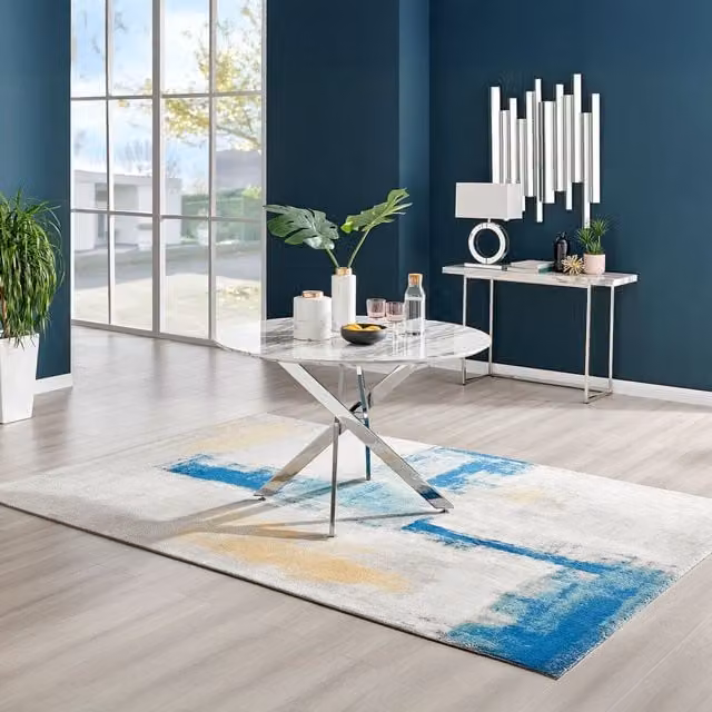FurnitureboxUK Novara Round Dining Table with White Marble Effect Top and Silver Chrome X-Frame Legs, Diameter: 120 cm