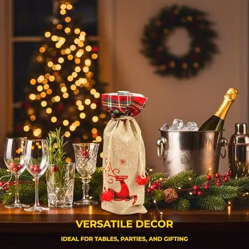 Shatchi Christmas Reindeer Wine Bottle Cover in Brown Burlap Hessian Linen with Drawstring Closure – 4