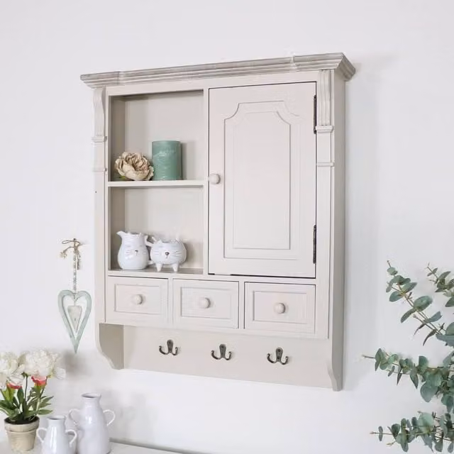 Melody Maison Lyon Range Cream Lacquered Wall Mounted Cupboard with Internal Shelves and Drawers