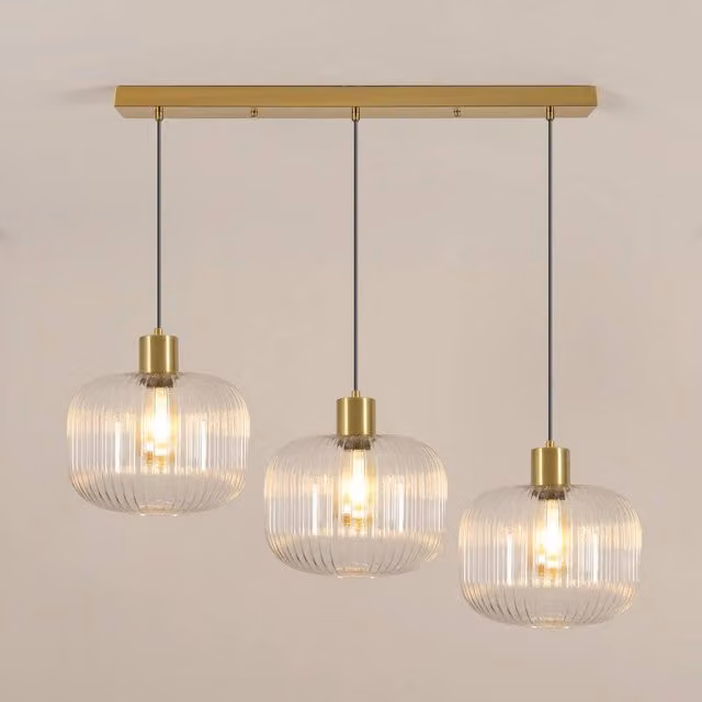 COMELY 3-Light Crystal Pendant Ceiling Light in Gold and Transparent Glass with E27 Base
