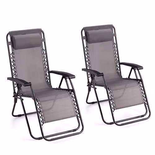 VonHaus Set of 2 Grey Zero Gravity Reclining Sun Loungers with Textilene Fabric and Detachable Head Pillows