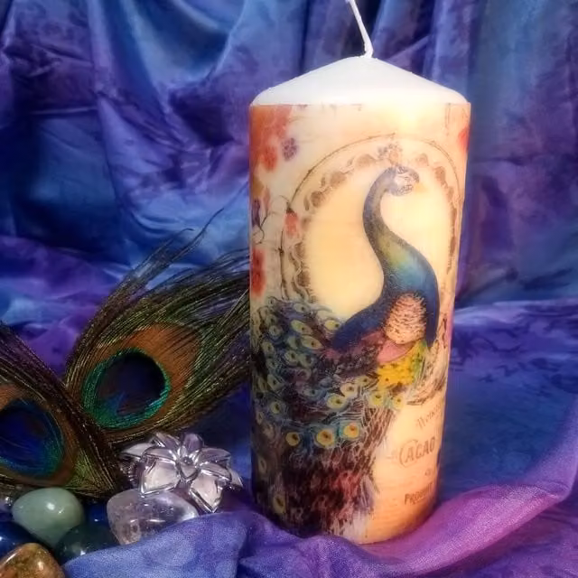 Viki Peacock Pillar Candle in White and Multicolour