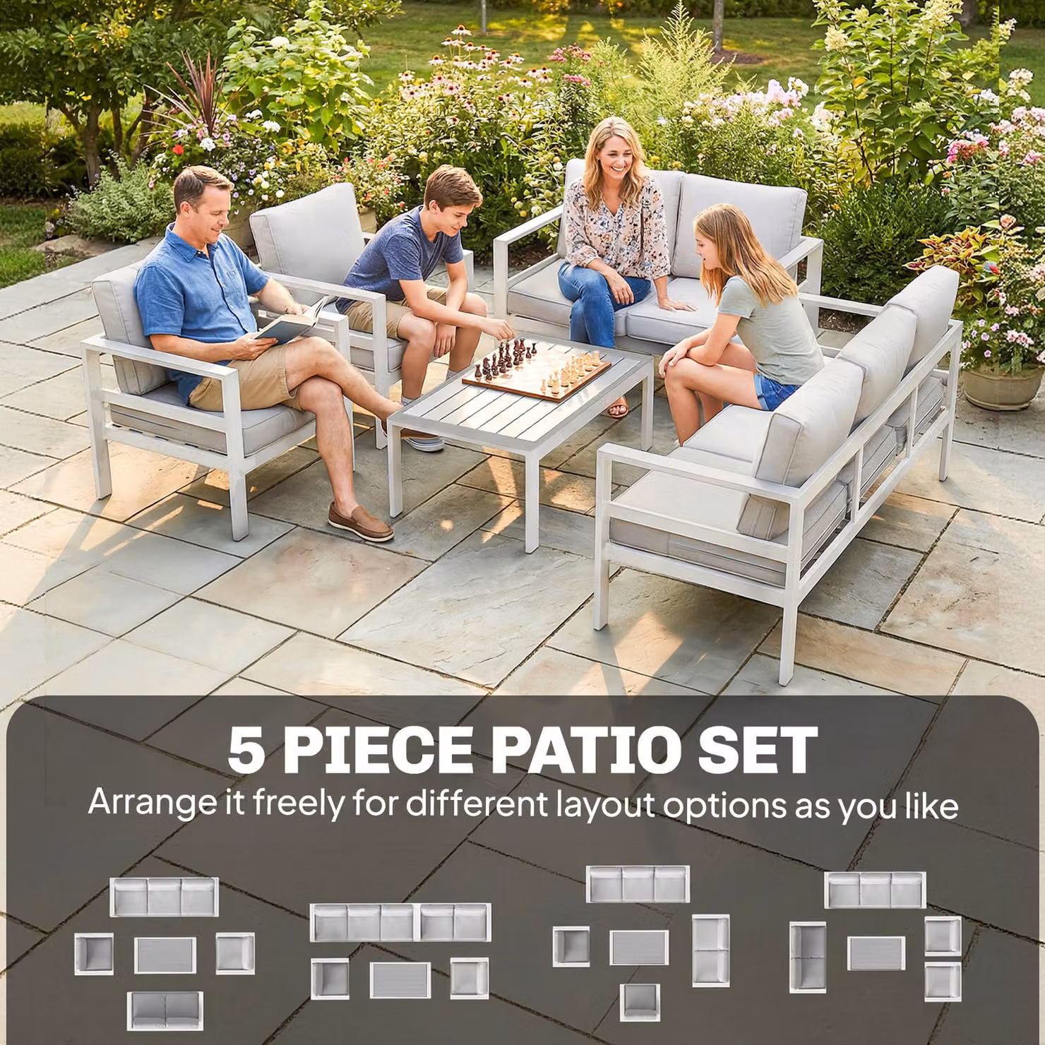 Outsunny 5 Piece White Aluminium Garden Furniture Set with Olefin Cushions – 4