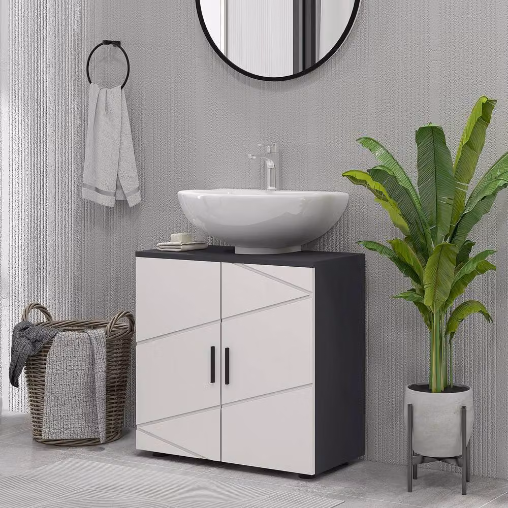 STILVORA Grey Under Sink Bathroom Cabinet with Soft Close Hinged Doors and Internal Shelves – 3