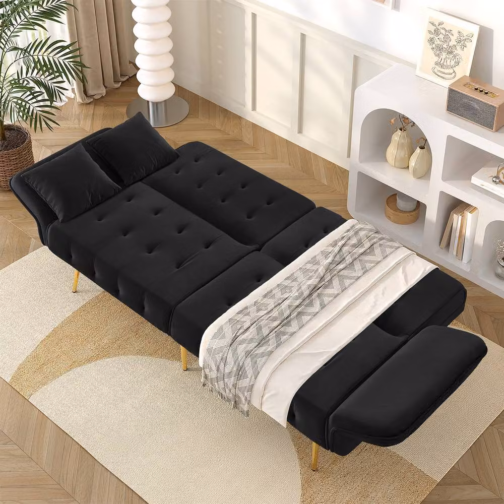 BTM 2 Seater Velvet Sofa Bed in Black with Gold Accents, Click-Clack Folding Sleeper with Solid Wood Frame, W/D/H: 178 x 70 x 41 cm – 2