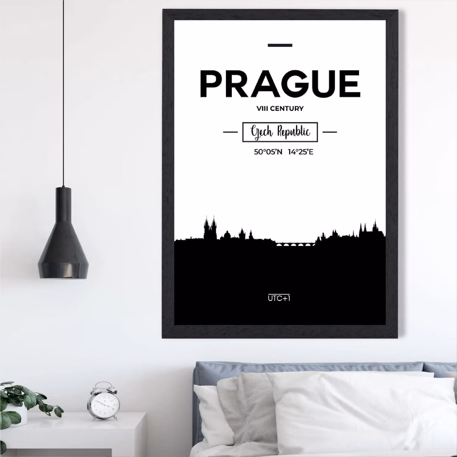 ARTZE Prague Black and White City Skyline Framed Paper Poster in Black Frame, A2 – 2