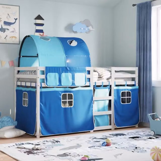 Berkfield Home Blue Solid Wood Pine House Frame Bunk Bed for Children W/D/H: 80 x 200 cm