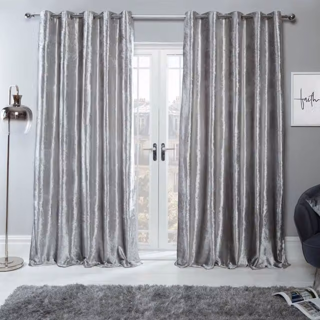 OHS Ready Made Eyelet Crushed Velvet Curtains in Silver Light Grey, Width: 167 cm, Drop: 228 cm