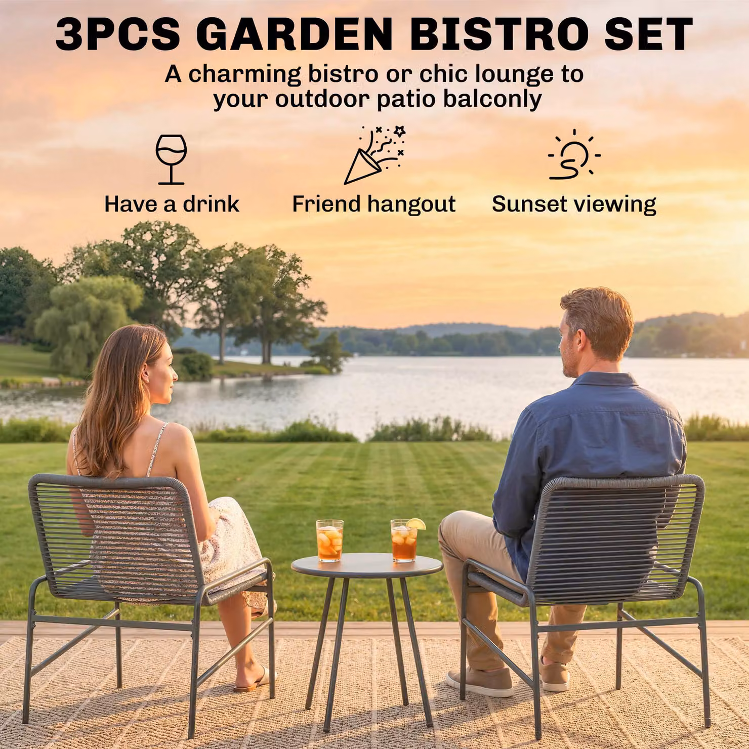 Outsunny 3 Piece Rattan Bistro Set in Dark Grey with Round Coffee Table and 2 Chairs for Garden, Balcony or Terrace – 3