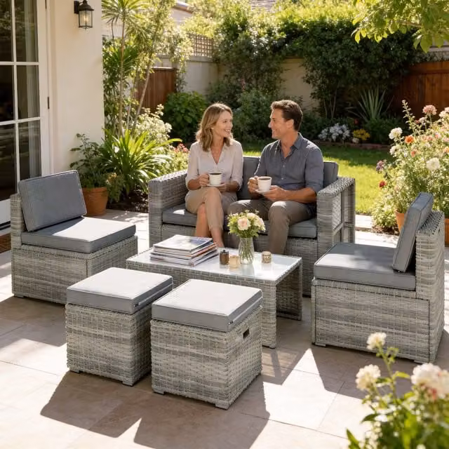 Outsunny 6 Piece Rattan Garden Furniture Set with Nesting Design in Dark Grey