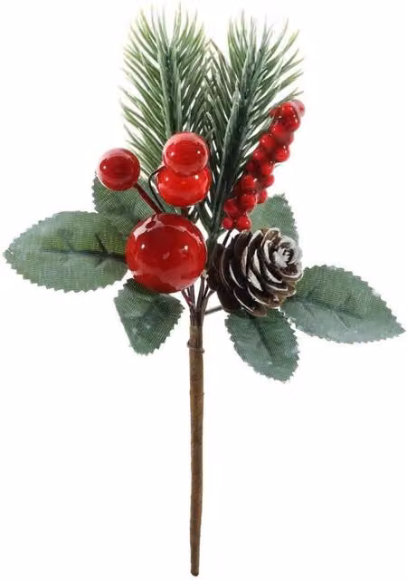 KDMD Frosted Festive Pick with Red Berries and Pinecones, 6 Pack, Height: 16 cm