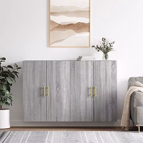 vidaXL Set of 2 Modern Wall Mounted Storage Cabinets in Grey Sonoma with Hinged Doors, W/D/H: 69.5 x 34.0 x 23.5 cm – 2