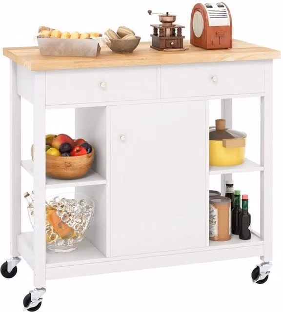 VOGREX Rolling Kitchen Island with Open Shelves in White Rubberwood