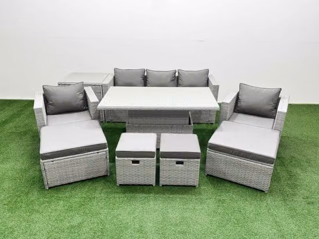 Fimous 9 Piece Rattan Dining Set with 3 Seater Sofa and Rising Table in Light Grey