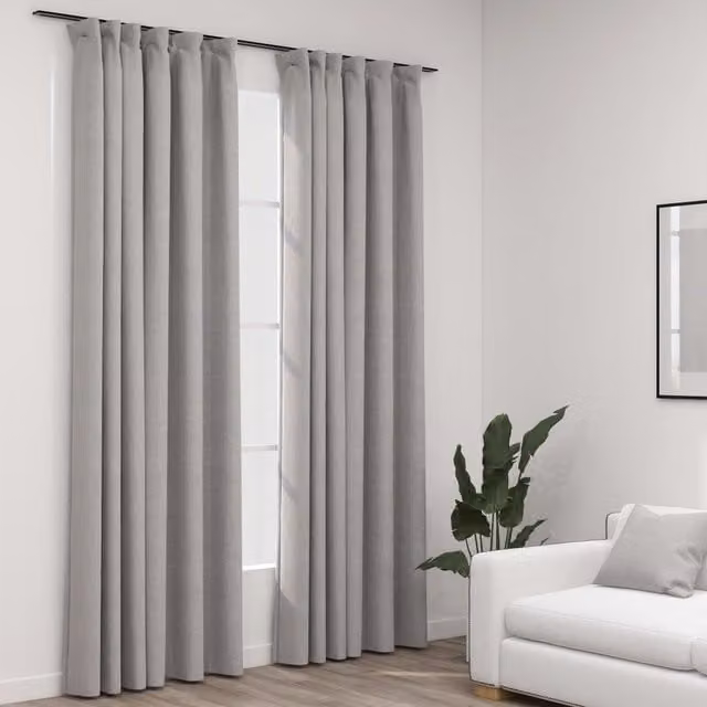 Berkfield Grey Linen-Look Blackout Curtains with Hooks, 2 Pack, W: 140 cm, H: 225 cm