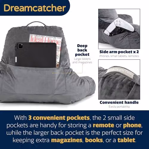 Dreamcatcher Grey Shredded Memory Foam Reading Pillow with Contoured Wedge Support and Removable Washable Velvet Cover – 5