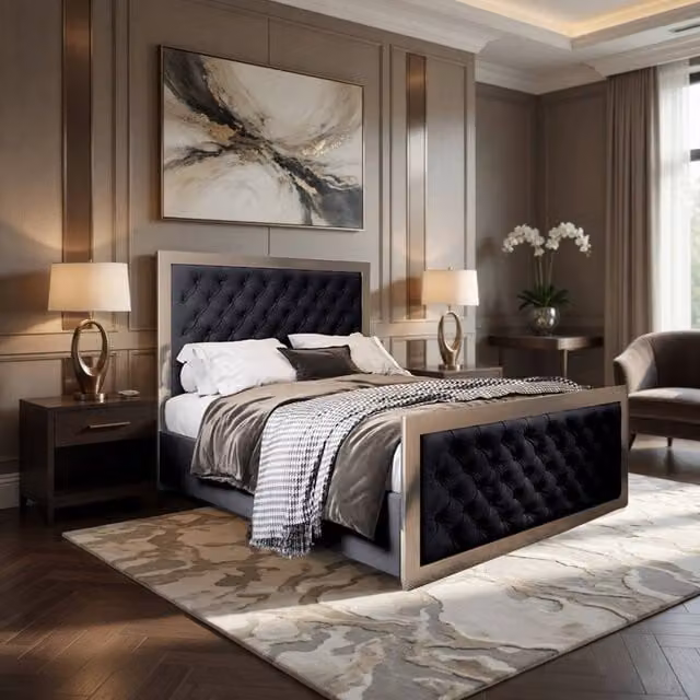 KDMD Mawdesley Super King Upholstered Velvet Designer Bed Frame with Black Metal Details, W/D/H: 200 x 137 x 189 cm