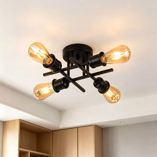 Goeco Vintage Industrial Ceiling Light in Black with 4 E27 Lamp Holders – 1