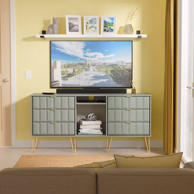 2 U Metro Ready Assembled 6 Drawer Sideboard in Pale Green and Gold