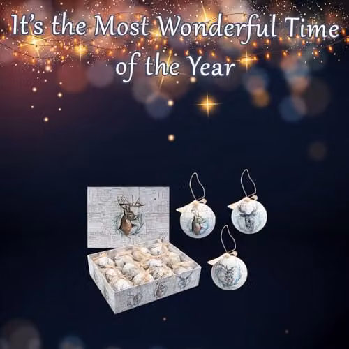 VFM e-Store Antique Stag Christmas Bauble Decoration Set, White, 12 Piece – 3