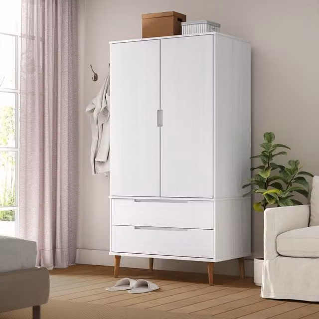 Berkfield Home MOLDE White Solid Wood Pine Wardrobe with Integrated Drawers W/D/H: 90 x 55 x 175 cm