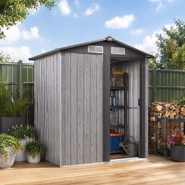 STILVORA Grey Steel Pent Garden Storage Shed with Sliding Door and Window, W/D/H: 111 x 119 x 188 cm