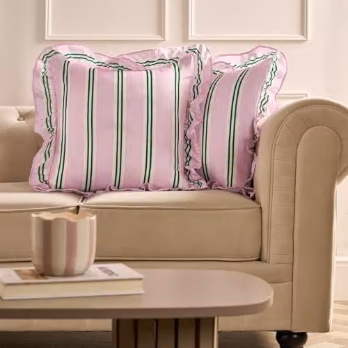 OHS Set of 2 Striped Frill Cushion Covers in Pink and Green, W/D/H: 45 x 45 x 45 cm – 3