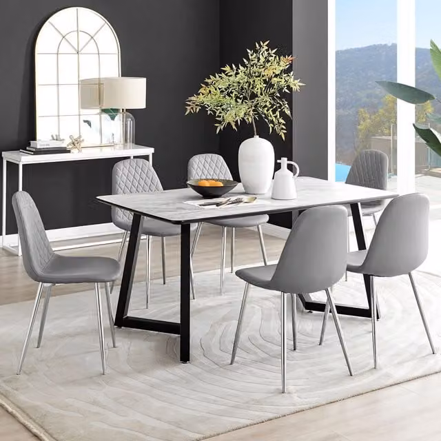 FurnitureboxUK Carson White Marble Effect Dining Table and 6 Corona Silver Chairs in Grey
