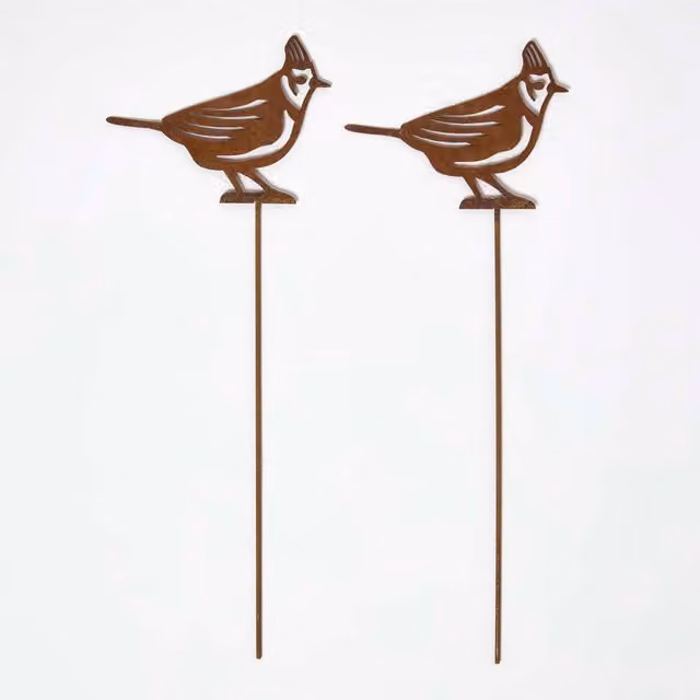 Homescapes Set of 2 Brown Steel Crested Tit Garden Stake Decorations